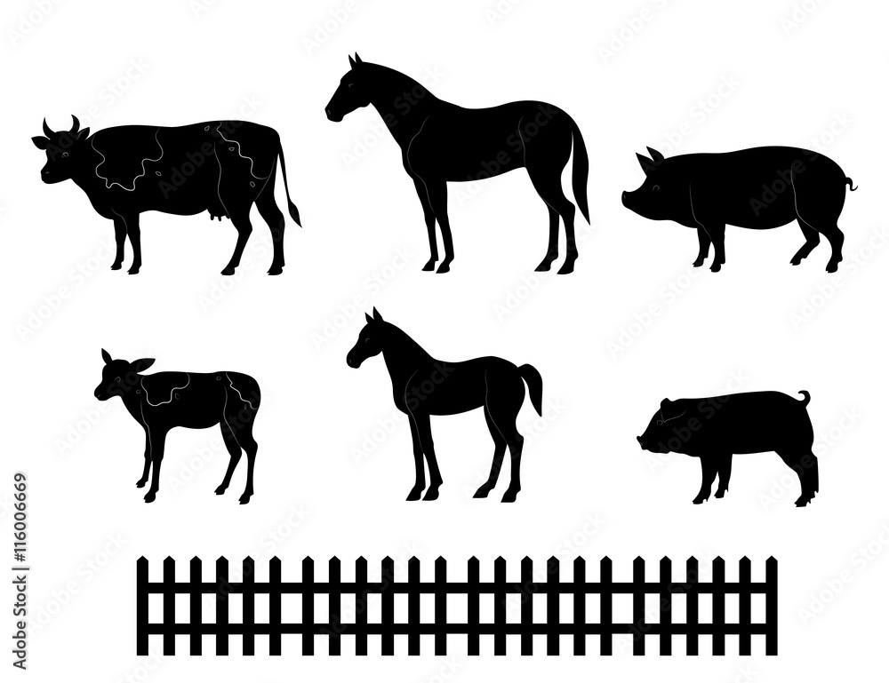 Obraz premium Vector farm animals silhouettes isolated on white. Livestock and poultry icons. Rural landscape with trees, plants, 