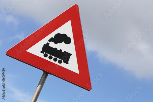 Fotografie Dutch road sign: level crossing without barrier or gates ahead