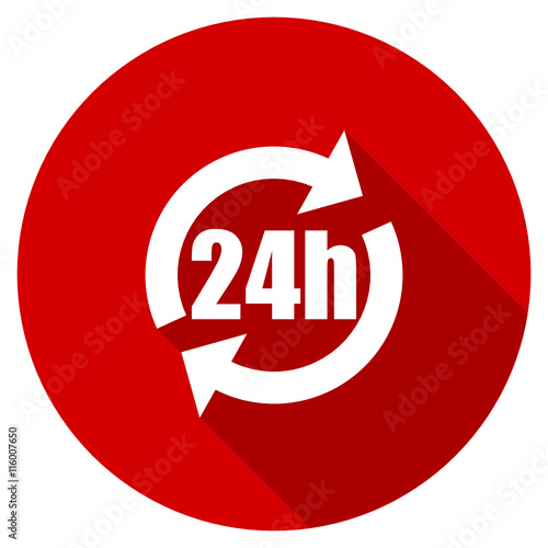 Red round flat 24h vector icon