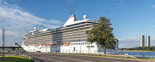 Anchored passenger ship in Riga - capital and largest city of Latvia, major c...