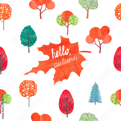 Watercolor autumn background. Colorful watercolor trees. Hello autumn lettering. Vector illustration.