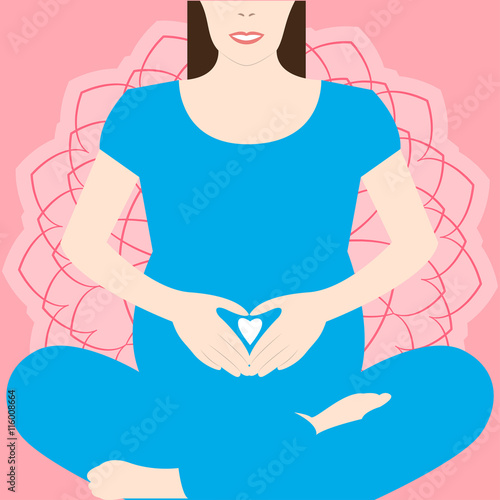 Pregnant yoga Vector illustration Pregnant woman in Lotus pose Pregnant woman holding hands on belly Mandala in the background