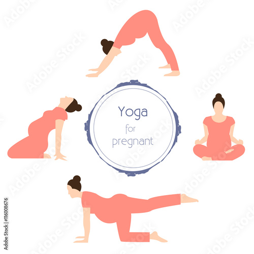 Pregnant yoga Vector illustration Yoga for pregnant women Different poses prenatal yoga Flat design