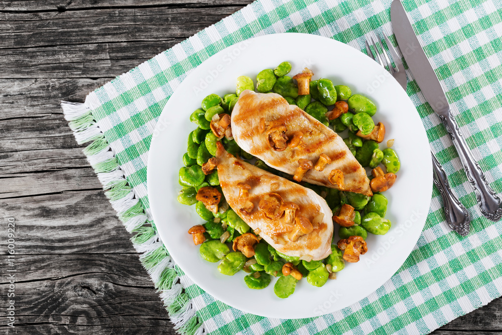 grilled chicken breast, new green lima beans