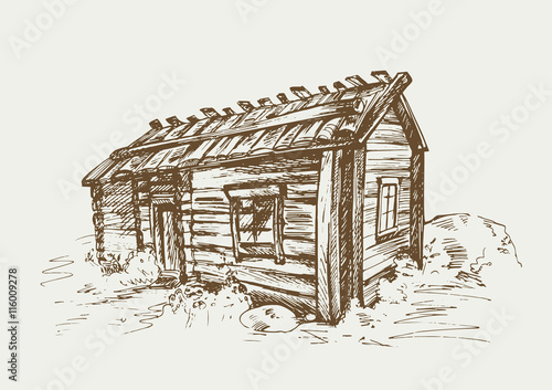 Traditional finnish old rural house in the countryside. Hand drawn vector illustration in vintage style.