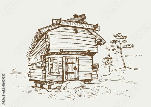 Traditional finnish old rural house in the countryside. Hand drawn vector illustration in vintage style.
