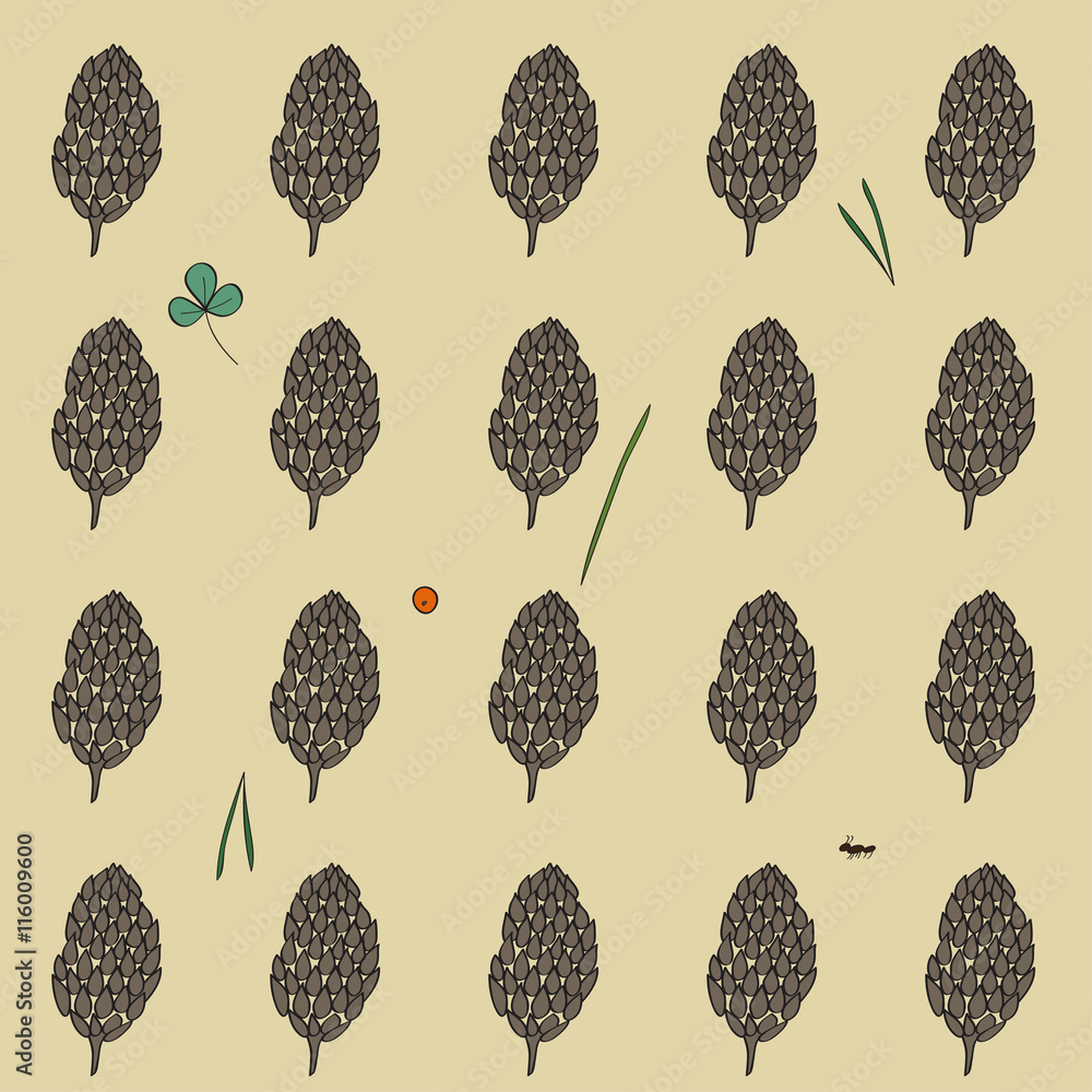 pattern with the image of the forest cones on a gray-beige background. Vector pattern with the image of the forest cones on a gray-beige background. Vector
