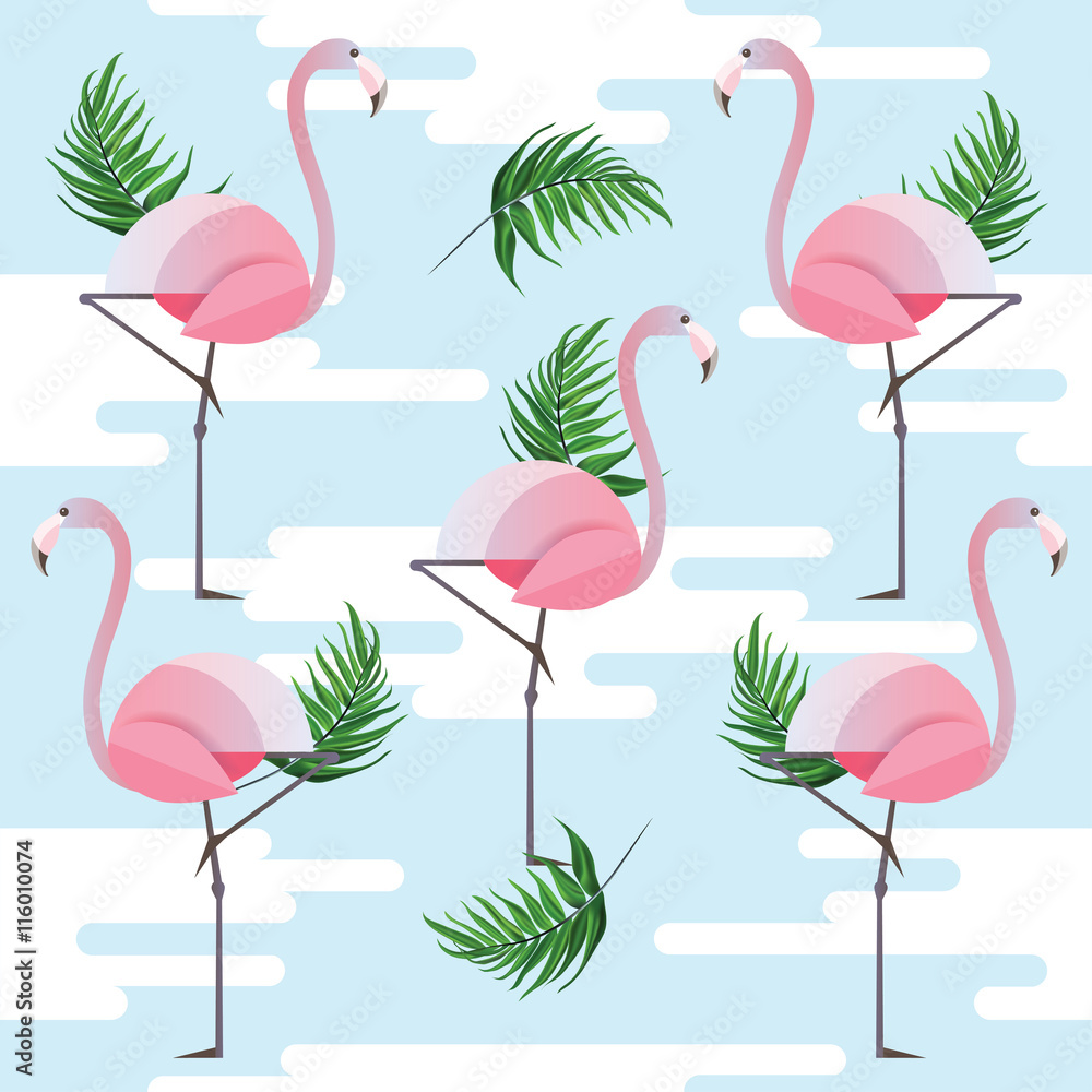 Fototapeta premium Exotic tropical seamless pattern with pink flamingo birds, white clouds and green palm leaves isolated on blue background