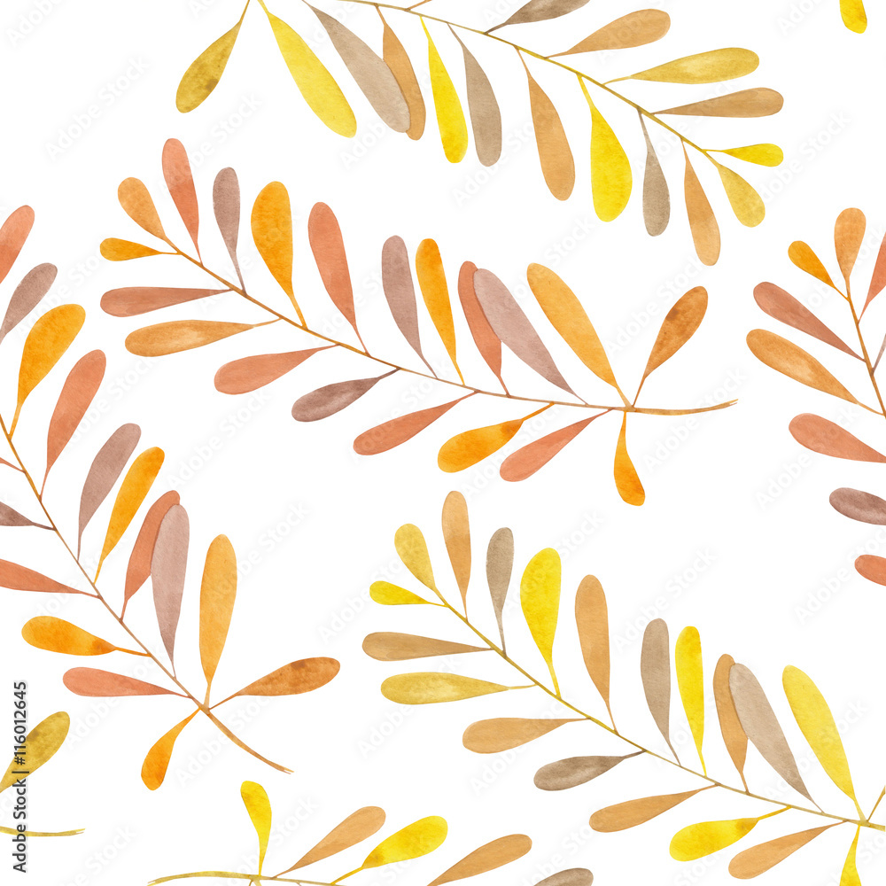 Seamless pattern with the watercolor branches with brown and orange leaves, hand painted isolated on a white background Seamless pattern with the watercolor branches with brown and orange leaves, hand painted isolated on a white background