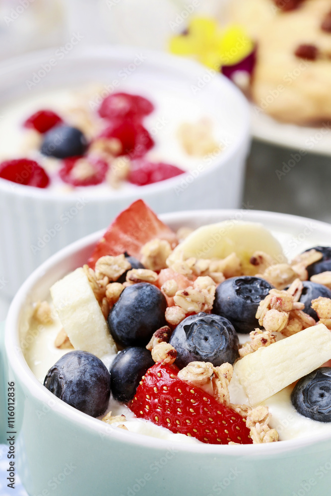Bowl of yogurt with muesli and fresh fruits: strawberries, blueb Bowl of yogurt with muesli and fresh fruits: strawberries, blueb