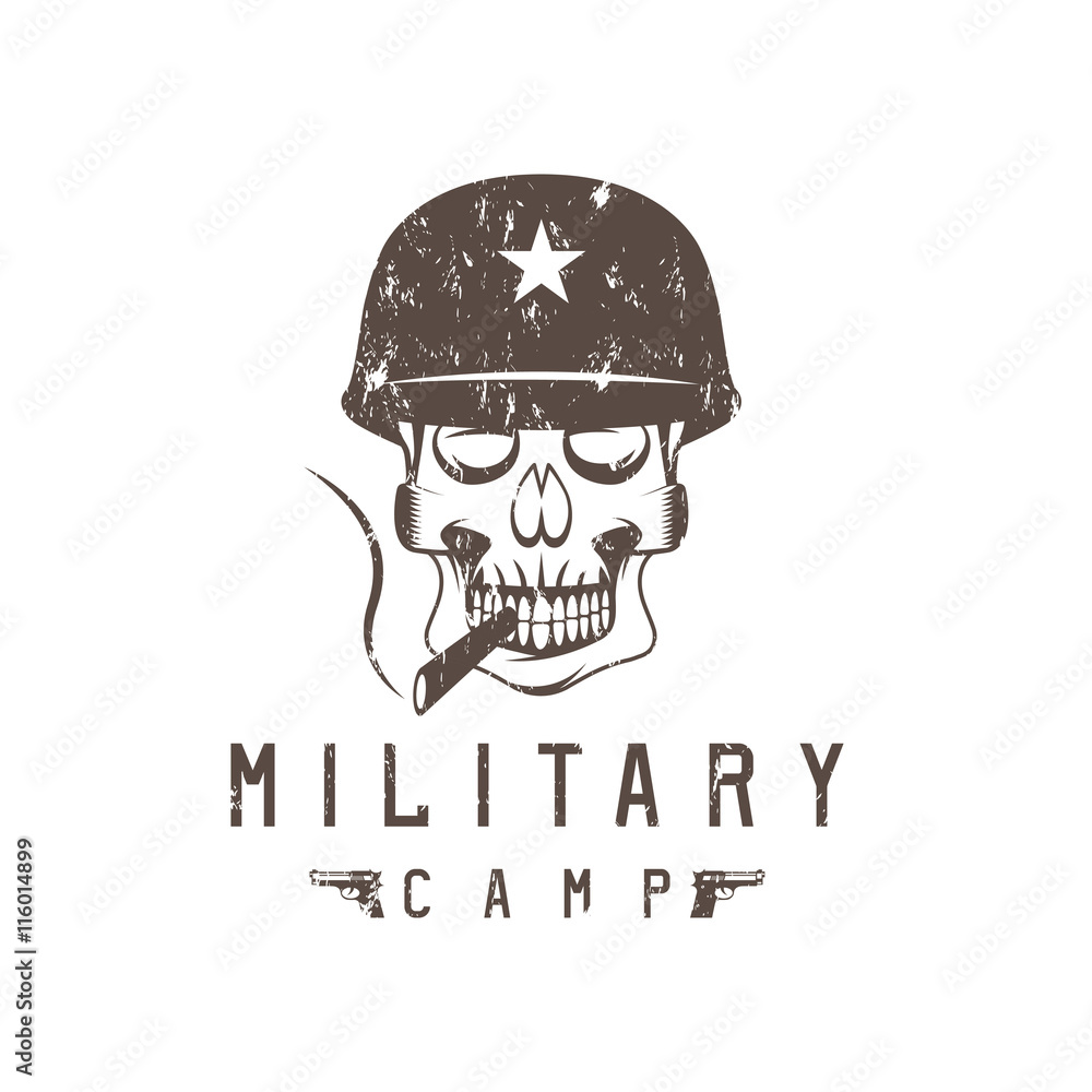 military camp grunge emblem with smoking skull and guns