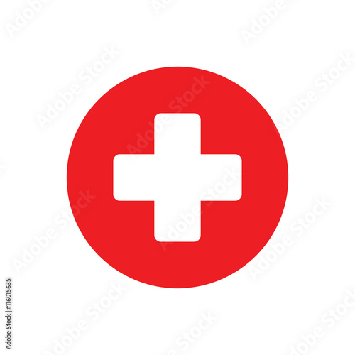 medical sign plus red round icon on white background
