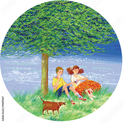 Boy and girl eating mulberries under tree. Composition in a circle.