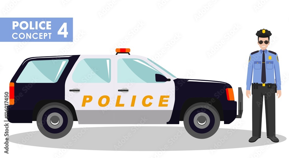 Police concept. Detailed illustration of policeman and car in flat style on white background. Vector illustration. Police concept. Detailed illustration of policeman and car in flat style on white background. Vector illustration.