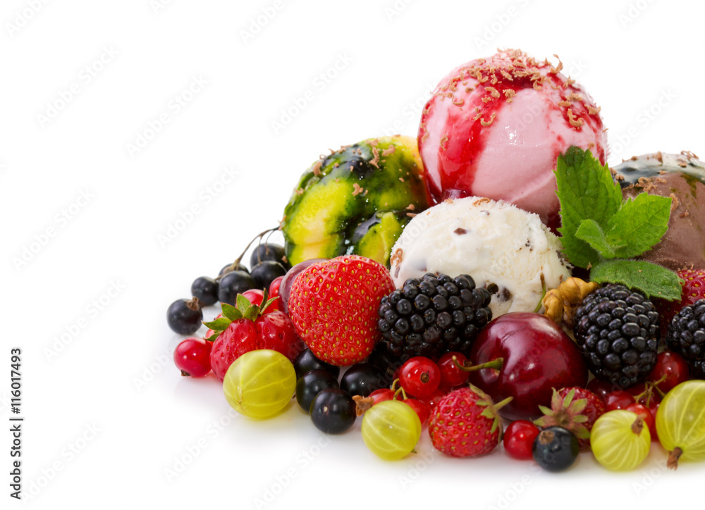 Mixed ice cream with fruits isolated . Mixed ice cream with fruits isolated .