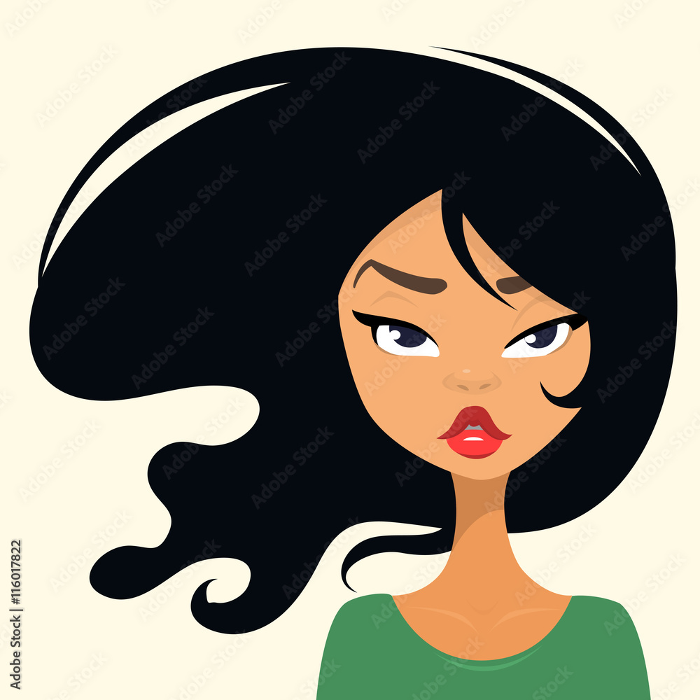 Vector cartoon illustration of a beautiful teenager portrait with curly black haircut and green dress. Top-model girl with blue eyes vector avatar icon. Stock Vector | Adobe Stock Vector cartoon illustration of a beautiful teenager portrait with curly black haircut and green dress. Top-model girl with blue eyes vector avatar icon. Stock Vector | Adobe Stock