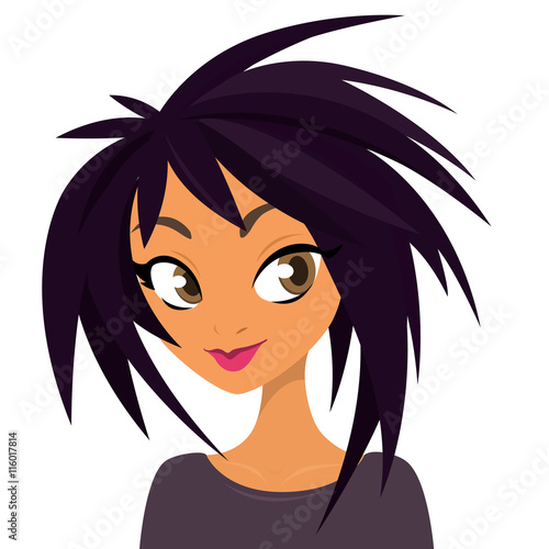 Vector cartoon  illustration of a beautiful teenager portrait with fancy black and violet spike haircut and blue dress. Top-model girl with green eyes  vector avatar icon. 