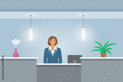 African American woman receptionist stands at reception desk. Front view. Vector flat illustration. Office hall interior design with green plants and administrator. Hotel registration background