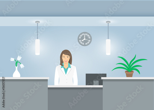 Woman receptionist in medical coat stands at reception desk in hospital. Front view. Vector flat illustration. Dental office interior design with green plants and girl administrator. Clinic registry