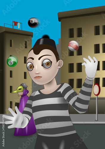 Street mime playing with pool balls. Vector illustration