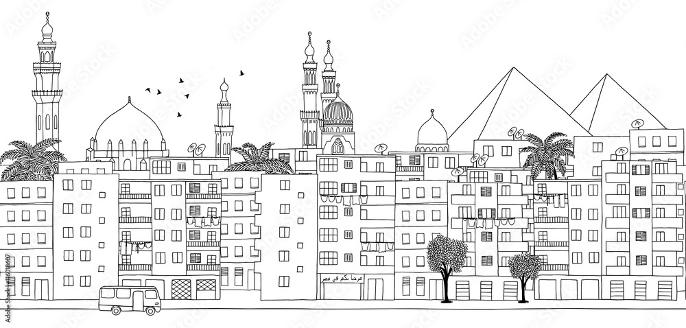 Obraz premium Cairo, Egypt - seamless banner of Cairo's skyline, hand drawn black and white illustration