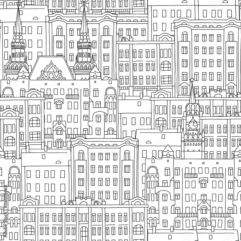 Hand drawn seamless pattern of Russian style houses and church