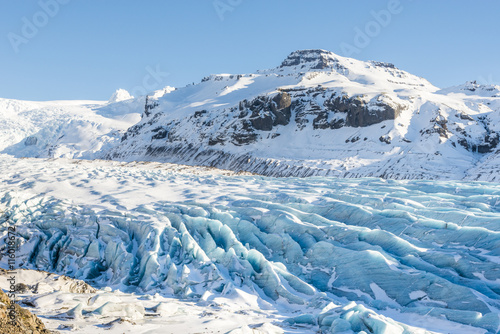 Panoramic view of the Svinafellsjokull glacier near Hofn. Skaftafell. Vatnajokull National Park. Iceland in winter