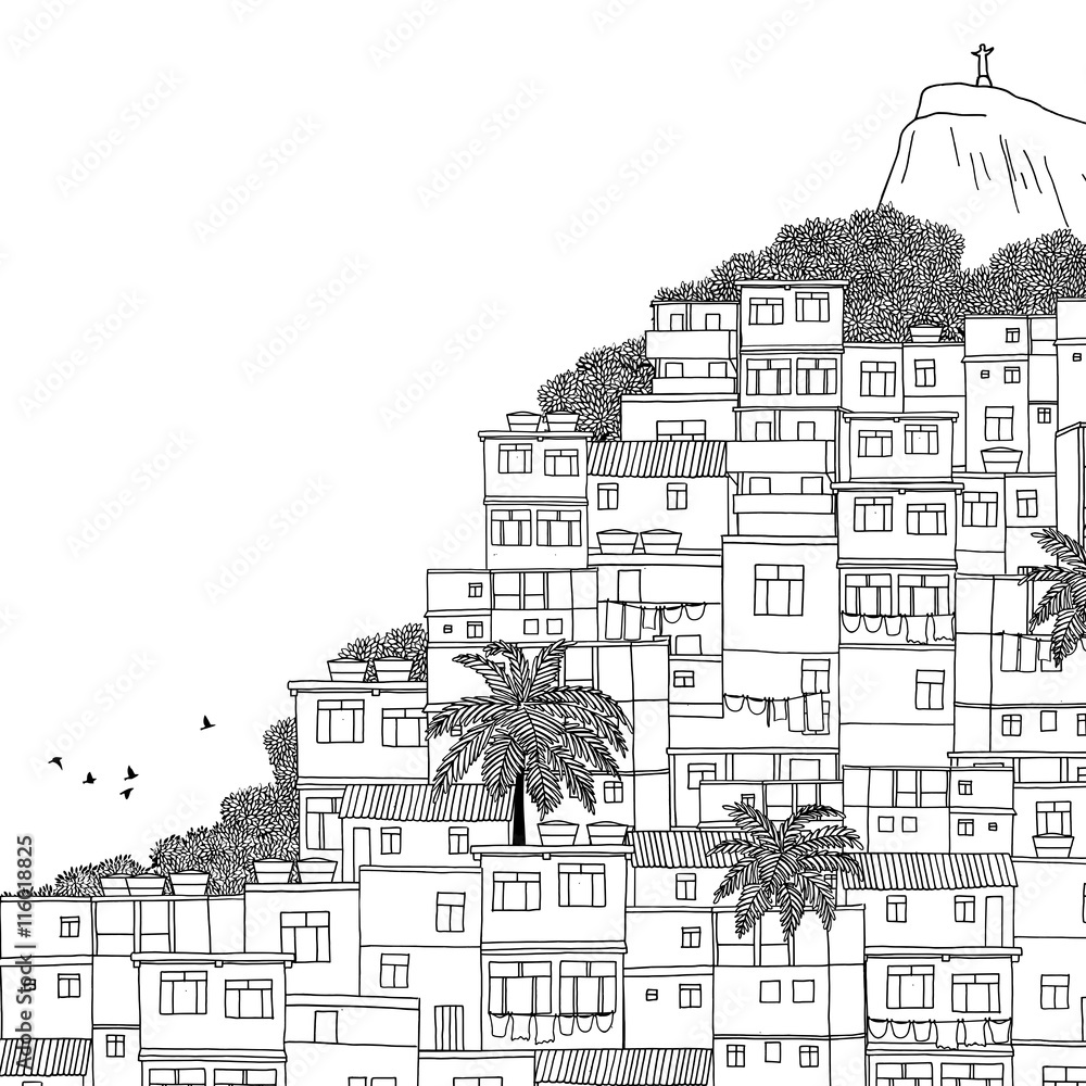 Rio de Janeiro, Brazil - hand drawn black and white illustration with space for text