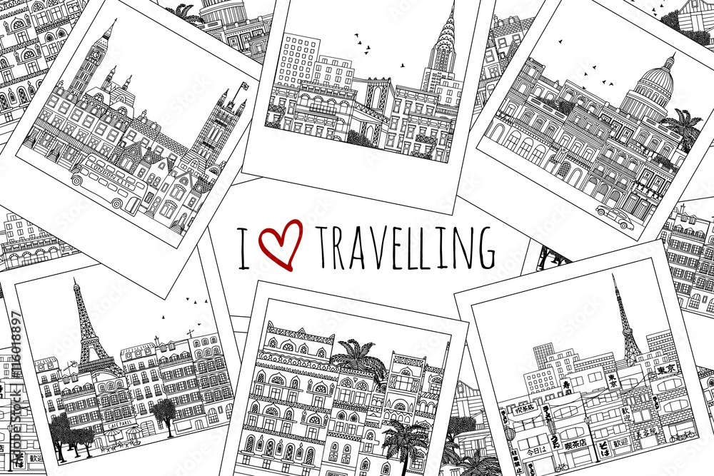 Set of hand drawn travel photographs with text 