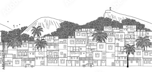 Rio de Janeiro, Brazil - seamless banner of Rio's skyline, hand drawn black and white illustration