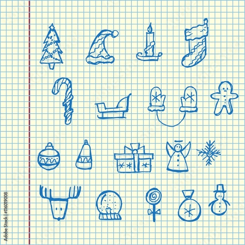 Christmas icons set. Holiday objects collection. Vector illustration