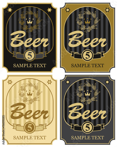 set of vector labels for beer with a wreath of wheat and malt in retro style