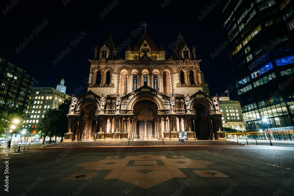 Trinity Church at night, at Copley Square, in Boston, Massachuse