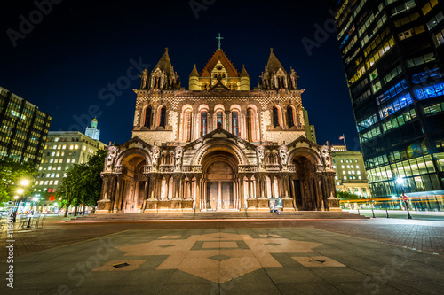 Trinity Church at night, at Copley Square, in Boston, Massachuse