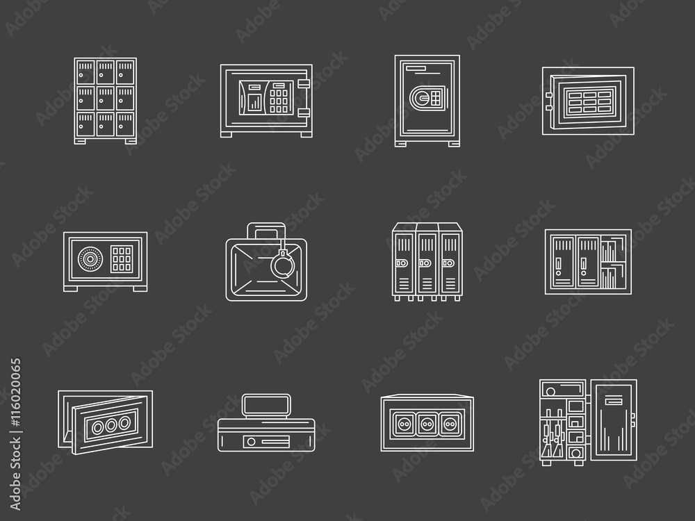 White flat line metal locker and safe vector icons