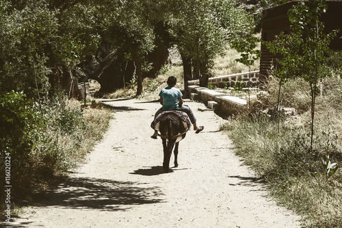 Vintage,The boy is riding his donkey in a little village © osmanpek