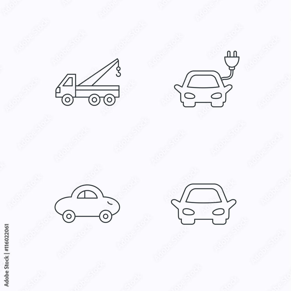 Electric car, evacuator and transport icons.