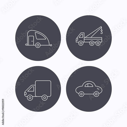 Car, delivery truck and evacuator icons.