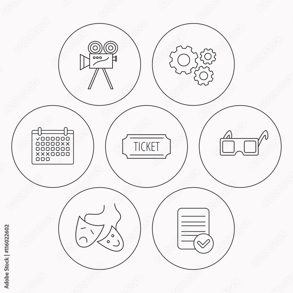 Ticket, video camera and theater masks icons. Ticket, video camera and theater masks icons.