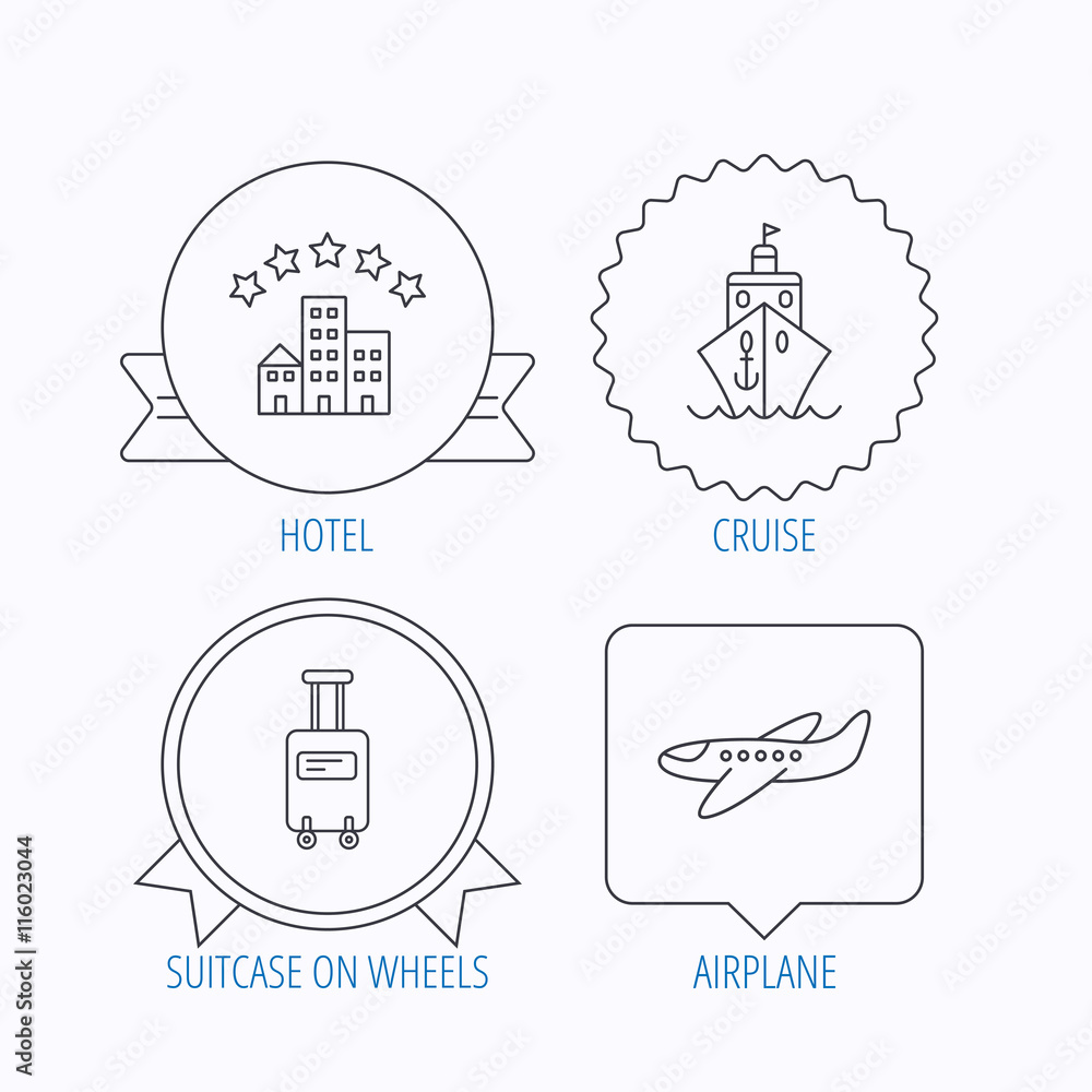 Hotel, cruise ship and airplane icons. Hotel, cruise ship and airplane icons.