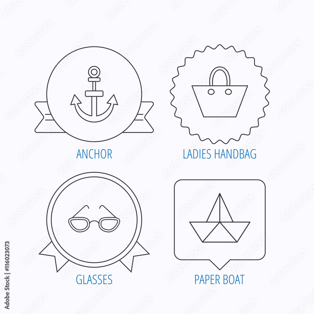 Paper boat, anchor and glasses icons.