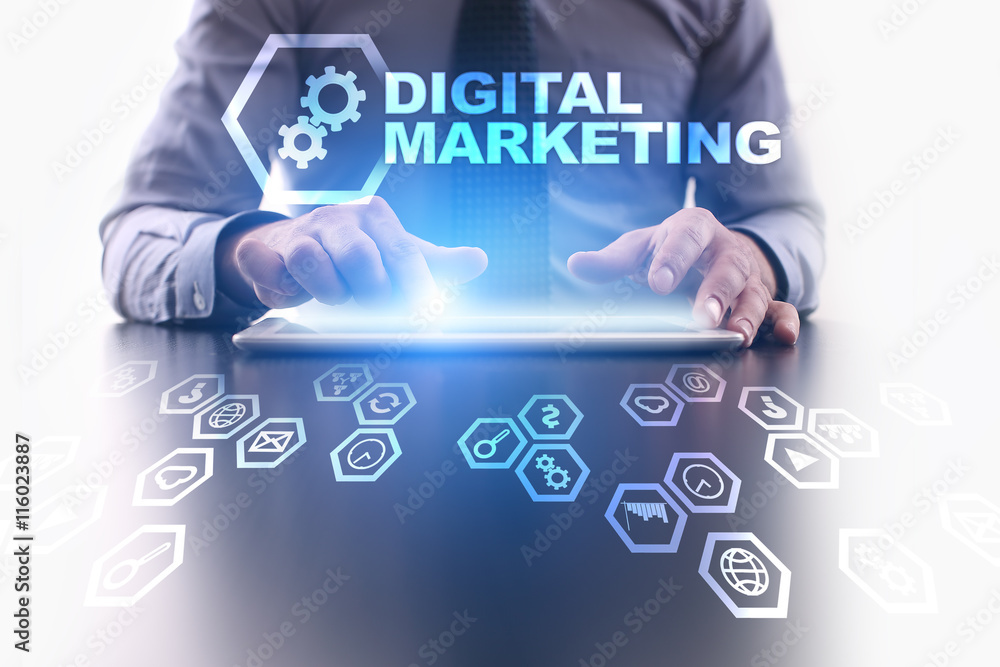 Fototapeta premium Businessman is using tablet pc and selecting Digital marketing icon.