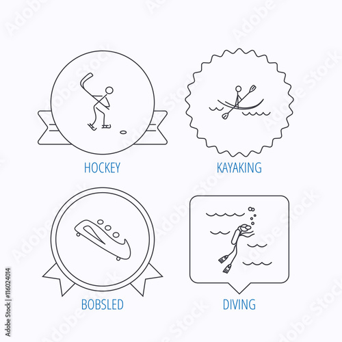 Ice hockey, diving and kayaking icons.