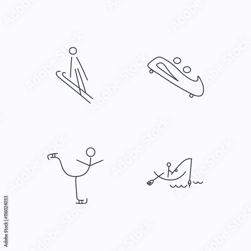 Fishing, figure skating and bobsled icons.