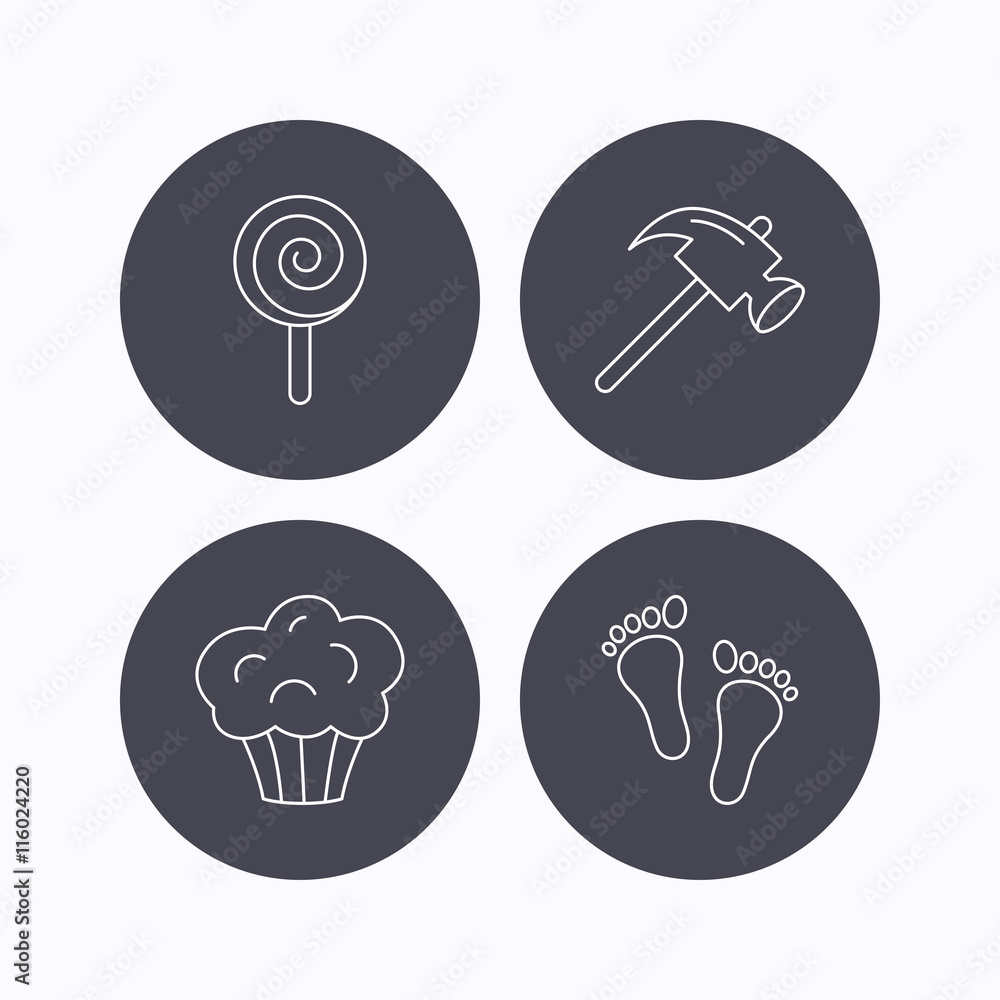 Footprint, lolly pop and muffin icons. Footprint, lolly pop and muffin icons.
