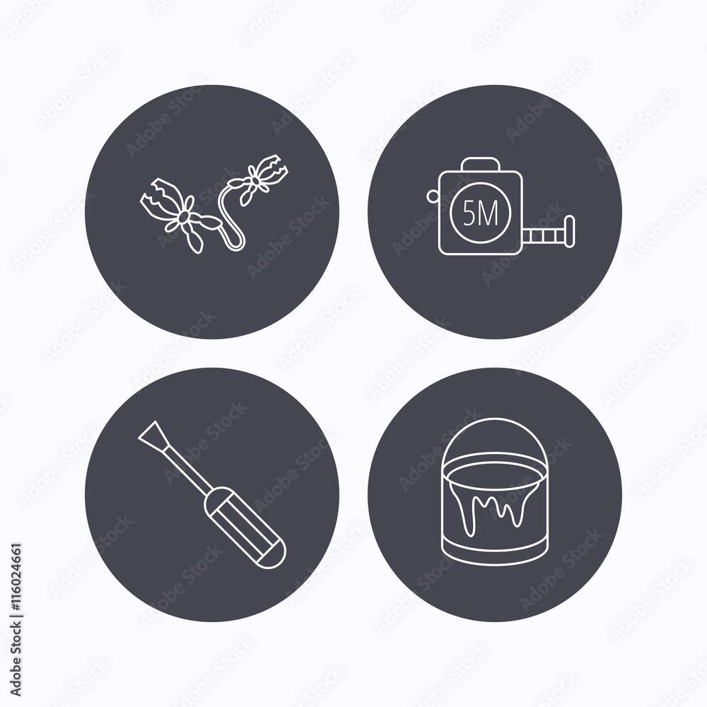 Screwdriver, battery terminal and tape measure icons. Screwdriver, battery terminal and tape measure icons.