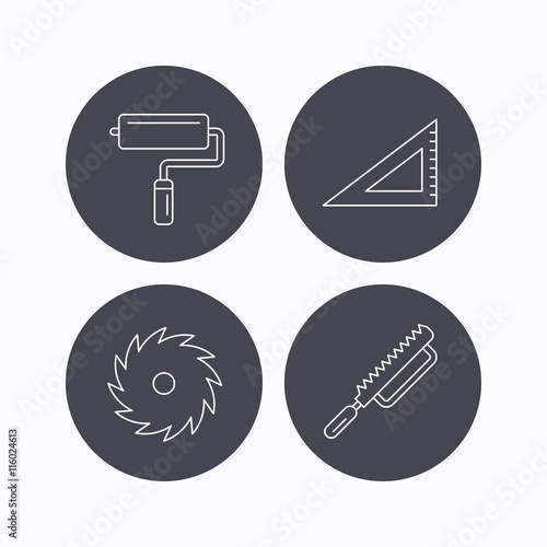 Triangular rule, paint roller and fretsaw icons.