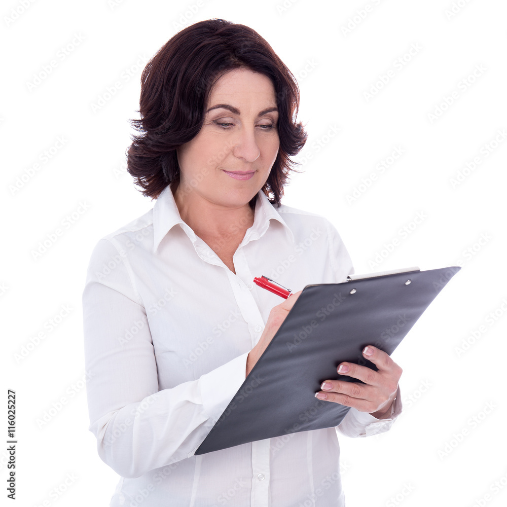 beautiful mature business woman with clipboard isolated on white beautiful mature business woman with clipboard isolated on white
