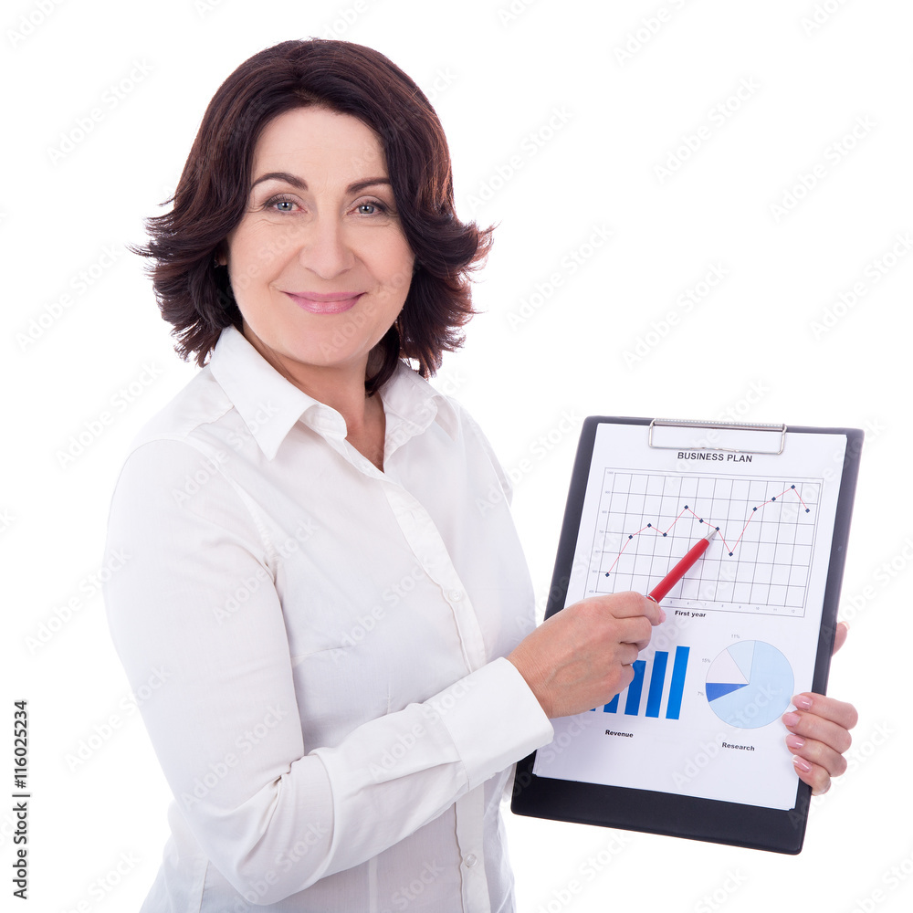 portrait of beautiful mature business woman showing clipboard wi portrait of beautiful mature business woman showing clipboard wi