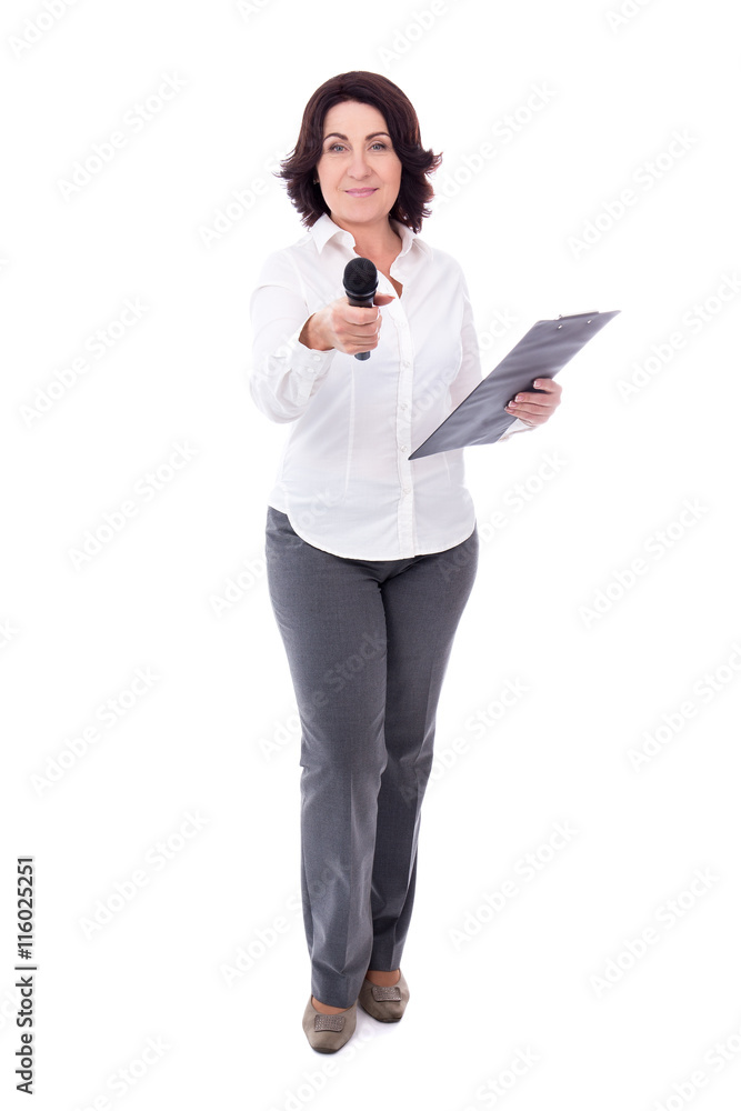 mature female reporter with microphone and clipboard isolated on mature female reporter with microphone and clipboard isolated on